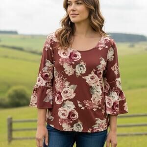 Green Envelope Mauve Floral Top Womens Size 1X Bell Sleeve Boho Feminine